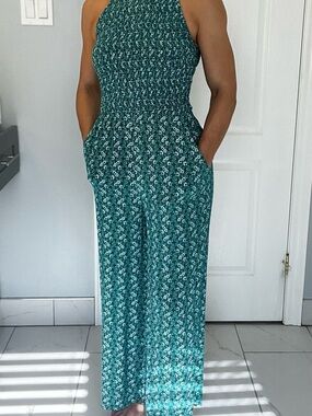 LOFT Teal Floral Halter Jumpsuit with Pockets